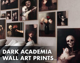 Dark Academia Wall Art Prints - Printable Gothic Art - Skeletons & Witches - Dark Vintage Painting - Digital Download - Moody Home Decor