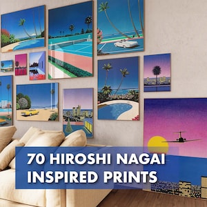 May include: A collection of framed art prints inspired by the work of Hiroshi Nagai. The prints feature vibrant scenes with palm trees, pools, cars, and cityscapes in a retro, vaporwave style. The text "70 Hiroshi Nagai Inspired Prints" is displayed.