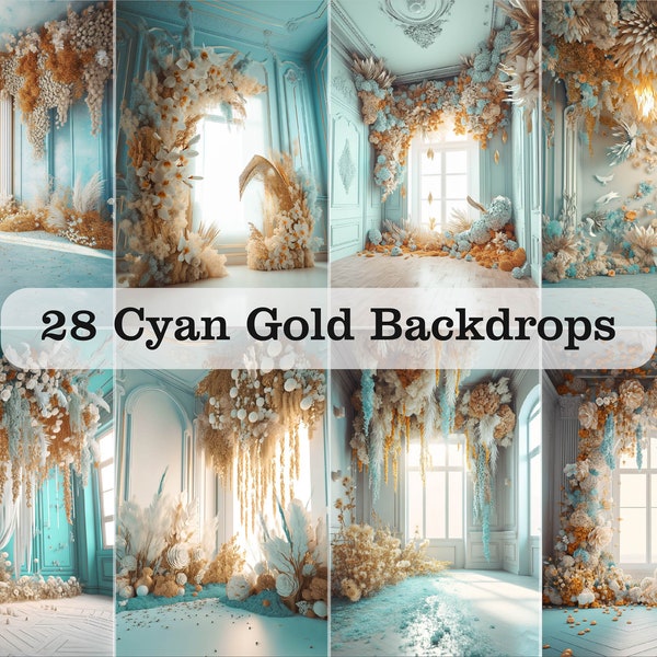 28 Digital Cyan Boho Floral Backdrops - Maternity Backdrop Overlays - Studio Backgrounds - Portrait Photo Overlays for Photoshop