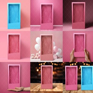 May include: Nine different variations of a pink and blue box with a clear window. The boxes are displayed on a variety of backgrounds, including pink walls, a wooden table, and a background with lights.