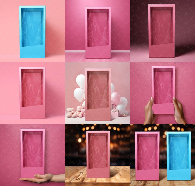 May include: Nine different variations of a pink and blue box with a clear window. The boxes are displayed on a variety of backgrounds, including pink walls, a wooden table, and a background with lights.