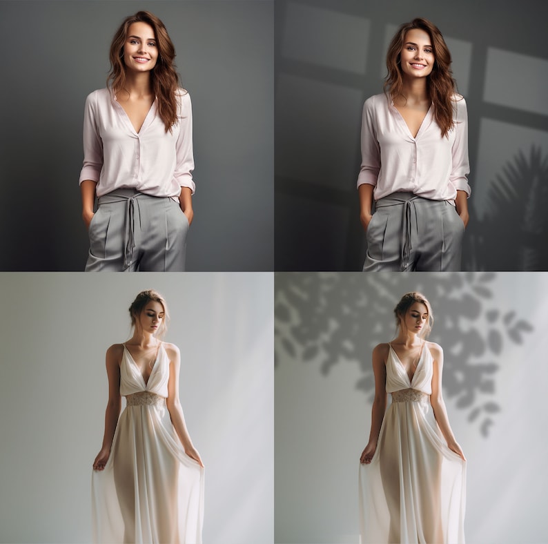 May include: Two photographs of a woman wearing different outfits. The first photograph shows a woman wearing a pink blouse and grey trousers. The second photograph shows a woman wearing a white dress.