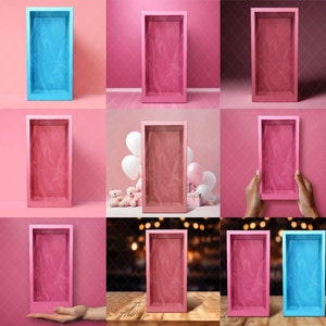 May include: Nine different mockups of a rectangular box with a pink or blue background. The boxes are empty and ready for your product.