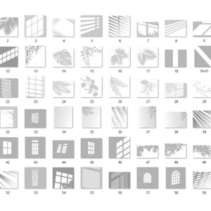 May include: A set of 60 black and white digital graphics featuring various window and leaf shadow overlays. These overlays can be used for digital design projects, such as social media graphics, website design, and digital scrapbooking.