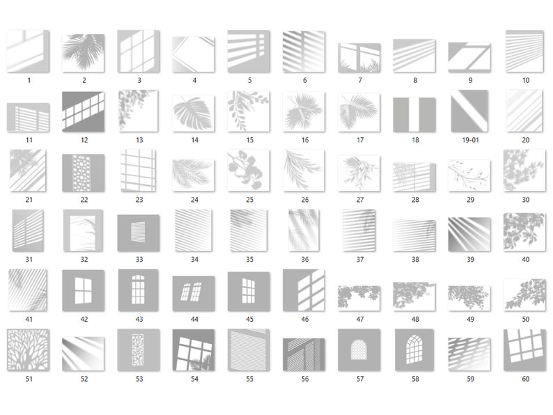 May include: A set of 60 black and white digital graphics featuring various window and leaf shadow overlays. These overlays can be used for digital design projects, such as social media graphics, website design, and digital scrapbooking.