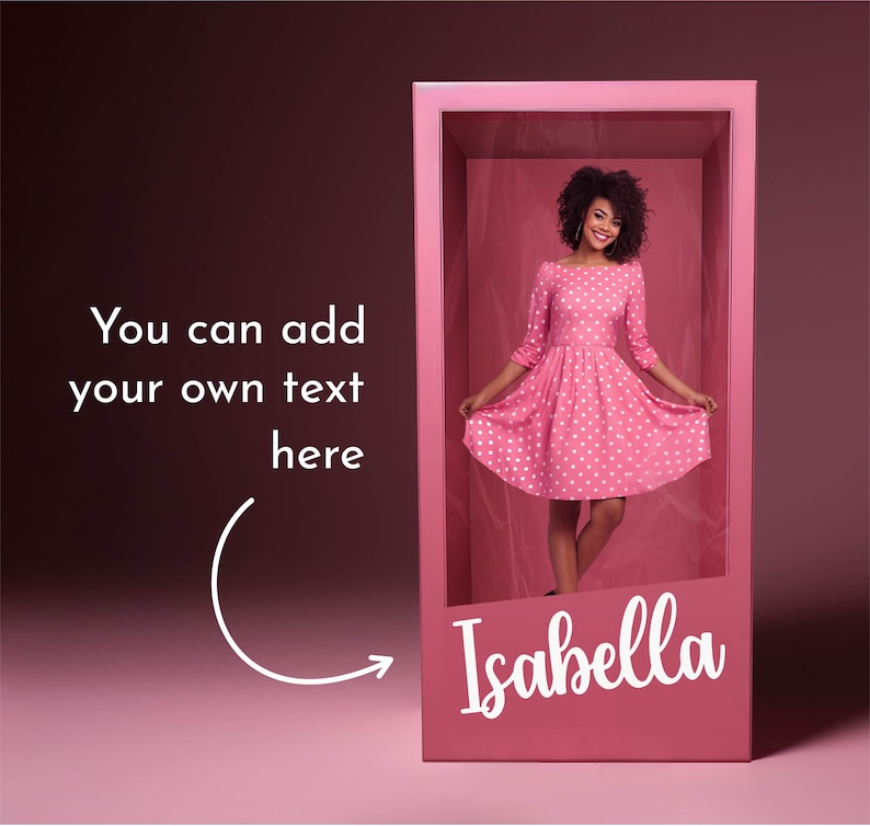 May include: A pink dollhouse with a woman in a pink polka dot dress standing inside. The dollhouse has a white inscription that says "Isabella".
