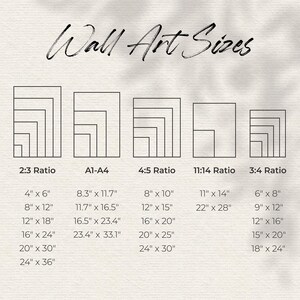 May include: An image displaying wall art sizes in various ratios, including 2:3, A1-A4, 4:5, 11:14, and 3:4. Each ratio lists several size options in inches, such as 4" x 6", 8" x 10", and 11" x 14". The title "Wall Art Sizes" is written in cursive.