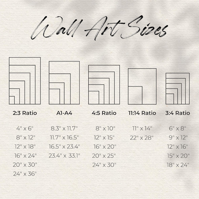 May include: An image displaying wall art sizes in various ratios, including 2:3, A1-A4, 4:5, 11:14, and 3:4. Each ratio lists several size options in inches, such as 4" x 6", 8" x 10", and 11" x 14". The title "Wall Art Sizes" is written in cursive.