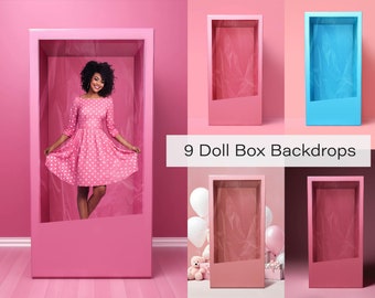 9 Doll Box Backdrop Bundle - PSD Digital Backgrounds - Customizable Doll Box Photo Background - Portrait Photoshop Overlay - Canva Templates
