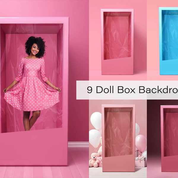 9 Doll Box Backdrop Bundle - PSD Digital Backgrounds - Customizable Doll Box Photo Background - Portrait Photoshop Overlay - Canva Templates