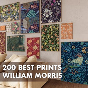 Pode incluir: Uma coleção de impressões emolduradas com vários designs florais e inspirados na natureza de William Morris. As impressões estão dispostas em uma parede com um sofá em primeiro plano. O texto "200 BEST PRINTS WILLIAM MORRIS" é exibido abaixo das impressões.