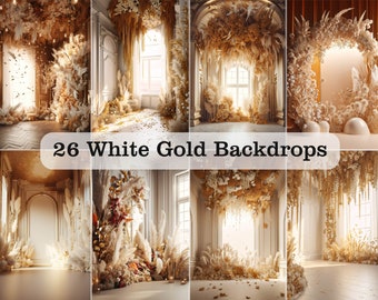 26 Digital Floral White & Gold Backdrops - Maternity Backdrop Overlays - Studio Backgrounds - Portrait Photo Overlays for Photoshop