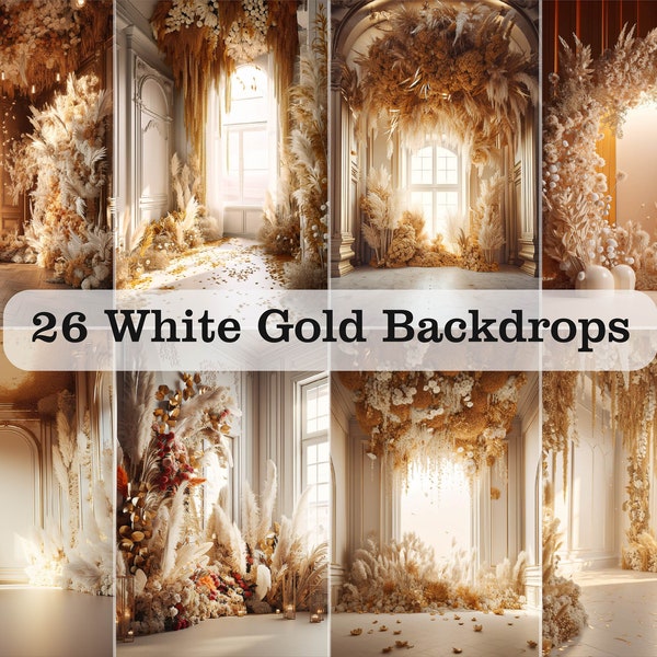 26 Digital Floral White & Gold Backdrops - Maternity Backdrop Overlays - Studio Backgrounds - Portrait Photo Overlays for Photoshop
