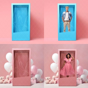 May include: Two pink boxes with a see-through front, one with a blue background and the other with a pink background. The boxes are on a pink surface. The blue box has a man in a blue shirt and jeans standing inside. The pink box has a woman in a pink dress standing inside. There are balloons in the background.