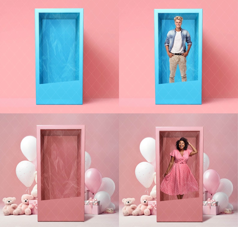 May include: Two pink boxes with a see-through front, one with a blue background and the other with a pink background. The boxes are on a pink surface. The blue box has a man in a blue shirt and jeans standing inside. The pink box has a woman in a pink dress standing inside. There are balloons in the background.