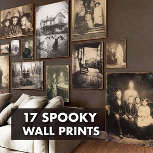 May include: A selection of 17 spooky wall prints in a vintage style. The black and white images depict portraits, landscapes, and scenes with a ghostly or Halloween theme. The prints are framed and displayed on a dark grey wall.