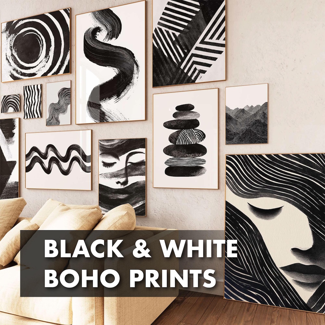 60 Black and White Boho Wall Art Prints - Minimalist Abstract Digital ...
