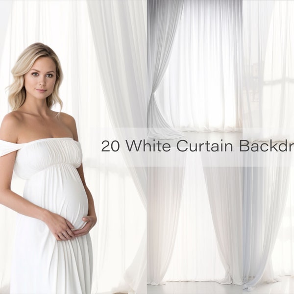 20 Digital White Sheer Curtain Backdrops - Superpositions de toile de fond de maternité - Studio Backgrounds - Superpositions de photo de portrait pour Photoshop