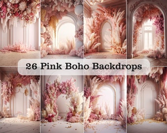 26 Digital Pink Boho Floral Backdrops - Maternity Backdrop Overlays - Studio Backgrounds - Portrait Photo Overlays for Photoshop