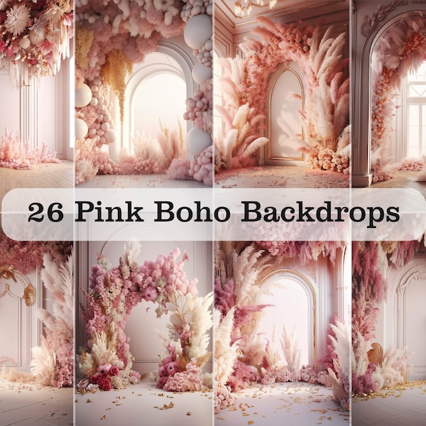 26 Digital Pink Boho Floral Backdrops - Maternity Backdrop Overlays - Studio Backgrounds - Portrait Photo Overlays for Photoshop