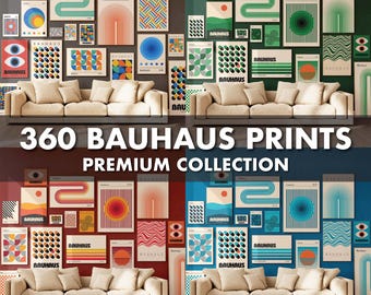May include: A collection of 360 Bauhaus-style prints in a variety of colours and geometric patterns. The prints are displayed on a wall in a living room setting with a sofa in front of them. The text "360 Bauhaus Prints Premium Collection" is displayed in the centre of the image.