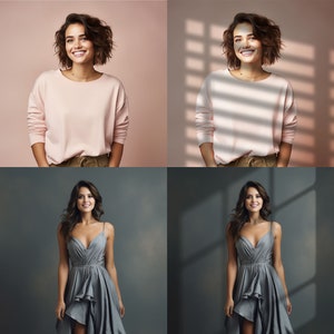 May include: A woman is wearing a pink jumper and a brown belt. She is standing in front of a pink background. The image is split into four sections, with the woman appearing in each section. The background in the top right and bottom right sections has a pattern of light and dark stripes.