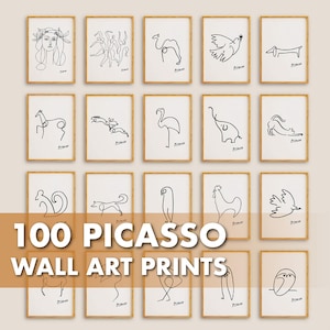Peut inclure: Une collection de 16 dessins au trait noir et blanc de différents animaux et personnages, encadrés dans un cadre en bois clair. Les dessins sont dans le style de Pablo Picasso. Le texte "100 PICASSO WALL ART PRINTS" est affiché en bas de l'image.