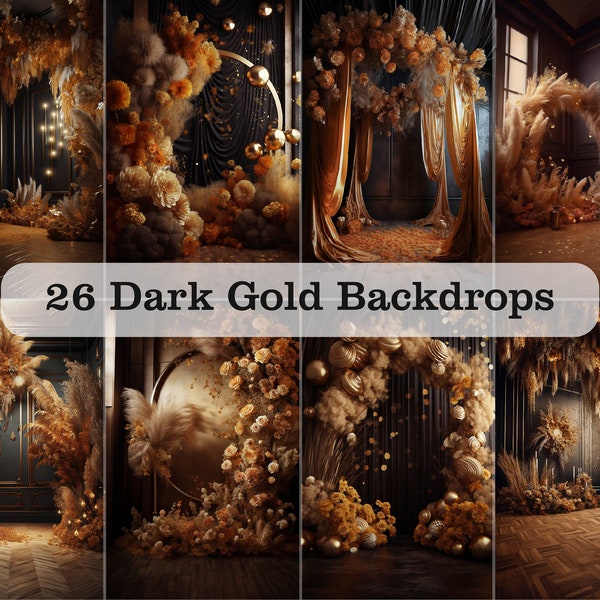 26 Digital Dark Gold Boho Floral Backdrops - Moody Maternity Backdrop Overlays - Studio Background - Portrait Photo Overlays for Photoshop
