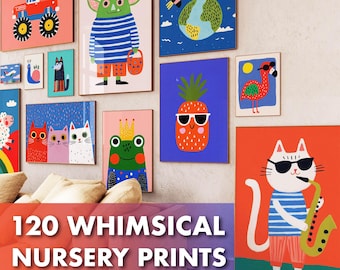 120 Whimsical Nursery Wall Art Prints - Bold Maximalist Kids Room Decor - Eclectic Baby Digital Download Poster Bundle - Printable Wall Art