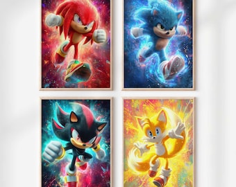 May include: Four framed art prints featuring characters from the Sonic the Hedgehog franchise. The prints showcase Knuckles, Sonic, Shadow, and Tails, each in dynamic poses against vibrant, colorful backgrounds. The artwork is framed in light brown wood.