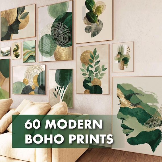 60 Modern Boho Wall Art Prints - Digital Download Gallery Set - Abstract Green Gold Printable Minimalist Decor for Home - All Sizes Included