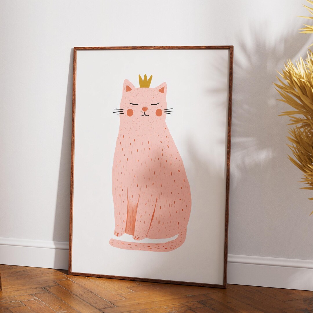 Pink Cat Nursery Wall Art Print - Cute Princess Cat Poster - Kids Room ...