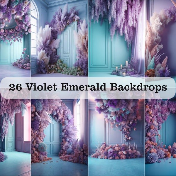 26 Digital Emerald Violet Floral Backdrops - Maternity Backdrop Overlays - Studio Backgrounds - Portrait Photo Overlays for Photoshop