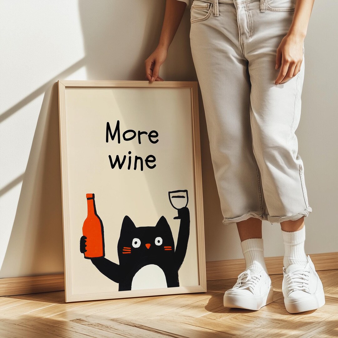 Printable Funny Cat 'more Wine' Poster - Kitchen Wall Art Decor ...