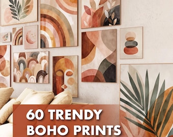 May include: A collection of framed boho art prints in various sizes and shapes, featuring abstract designs, rainbows, and botanical illustrations in warm, earthy tones. The text "60 TRENDY BOHO PRINTS" is displayed in a brown banner.