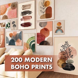 May include: A selection of framed modern boho prints with abstract designs in various sizes. The artwork features warm earth tones, including orange, brown, and beige, with geometric shapes and botanical elements. The text "200 MODERN BOHO PRINTS" is displayed in a brown banner.