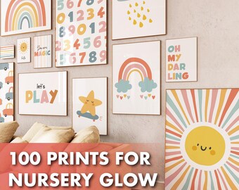 100 Warm Nursery Wall Art Prints - Pastel Kids Room Decor - Rainbow Baby Digital Download - Playroom Educational Posters Bundle