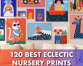 Paquete de 120 impresiones eclécticas para pared de guardería - Láminas infantiles originales - Descarga digital colorida para sala de juegos - Láminas modernas para guardería