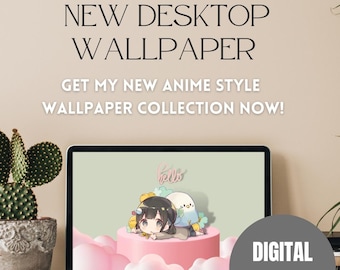 Cute Anime Desktop Wallpaper, Aesthetic PC Backdrop (Digital Download)