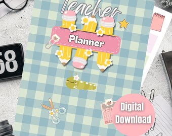 May include: A blue and white gingham pattern printable planner cover with the text "Teacher Planner" in pink and yellow. The cover features a cartoon image of three pencils with yellow erasers and pink tips, a white star, a white flower, and a green caterpillar with a pink flower.