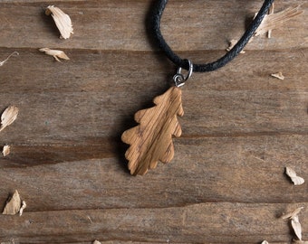 Small Oak Leaf wooden necklace pendant, handmade from oak wood, adjustable necklace