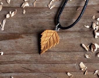 Small Birch Leaf wooden pendant, handmade from pine with realistic handcarved detail, adjustable necklace