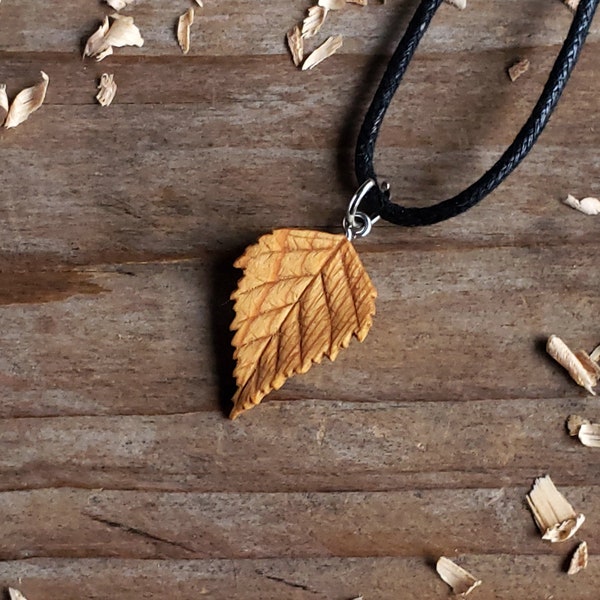 Small Birch Leaf wooden pendant, handmade from pine with realistic handcarved detail, adjustable necklace