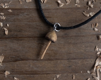 Small magic mushroom pendant, wooden Liberty Cap, handmade from pine with realistic handcarved detail, adjustable necklace