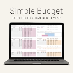 May include: A laptop computer displaying a spreadsheet with a budget tracker for a year. The spreadsheet is divided into sections for daily living expenses, bills and other regular expenses, savings, emergency fund, and one-time expenses. The spreadsheet is color-coded with pink, orange, and blue. The title of the spreadsheet is "Simple Budget Fortnightly Tracker | 1 Year".