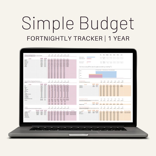 Simple Fortnight Budget Spreadsheet Tracker GoogleSheets Instant Download 1 Year Income Expenses Savings Real-Time Updates Graphs Chart Debt