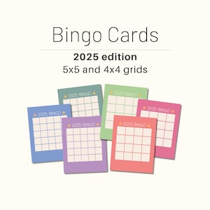 Bingo Card 4x4 5x5 Grid Blank Template 2025 New Year Goals Plans Minimal Design Gift Printable Custom Handmade Instant Download A4 A5 Sizes