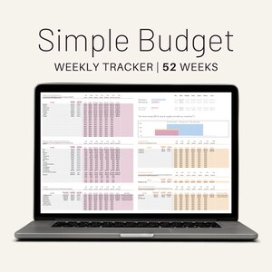 May include: A laptop computer displaying a spreadsheet with a pink and orange color scheme. The spreadsheet is titled "Simple Budget Weekly Tracker | 52 Weeks".