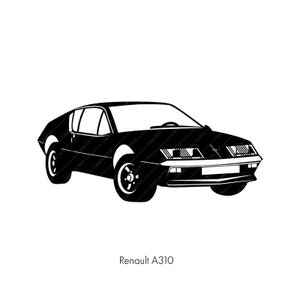 May include: A black and white silhouette of a Renault A310 car. The car is facing the viewer and has a sleek, sporty design.