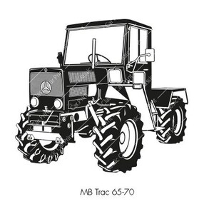 May include: Black and white illustration of an MB Trac 65-70 tractor. The tractor features large, treaded tires, a detailed front grill with the Mercedes-Benz logo, and a cabin with windows. The text "MB Trac 65-70" is at the bottom.